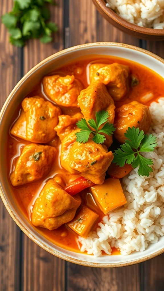 A bowl of spicy chicken curry with cilantro and rice on a rustic table.